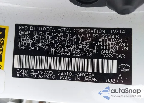 2015 Lexus Ct 200H from USA, damaged, VIN JTHKD5BH4F2227118